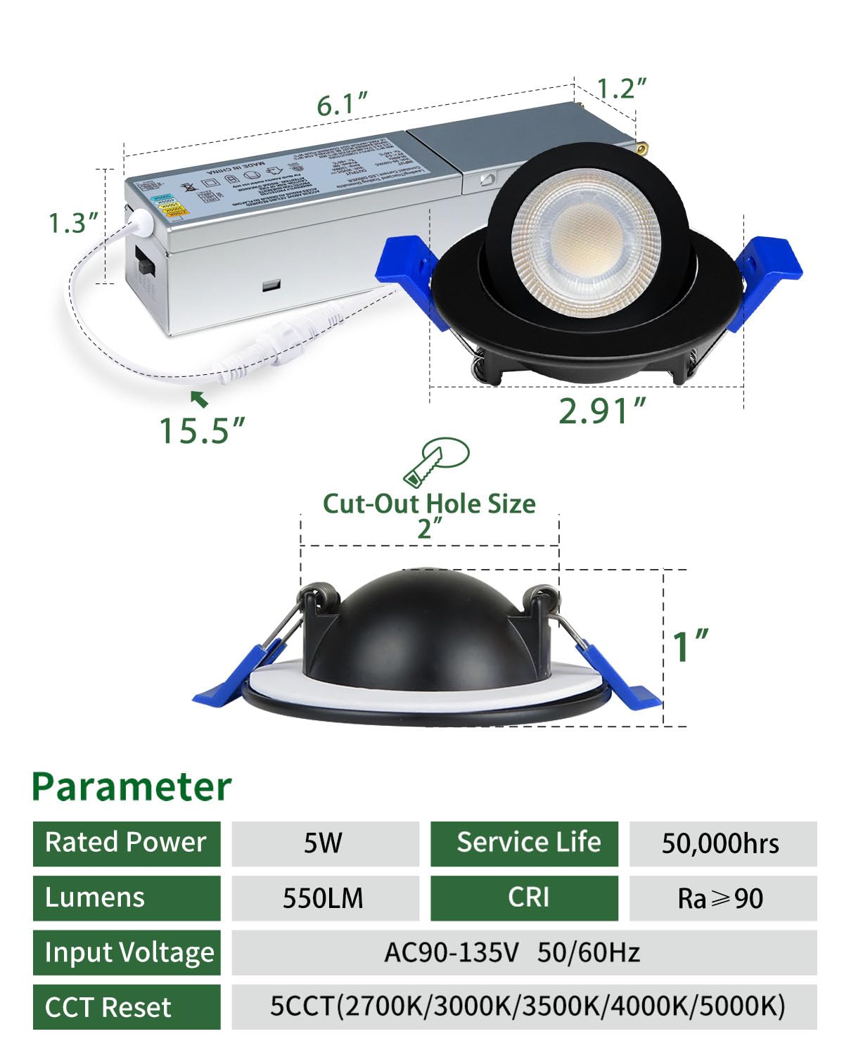 Zouzai 2 Inch 5Cct Gimbal Black Led Recessed Lighting With Junction Box  360+90 Adjustable Led Recessed Lights  2700K/3000K/3500K/4000K/5000K  5W Eqv 50W  550Lm Brightness - Etl (Black  12 Pack)