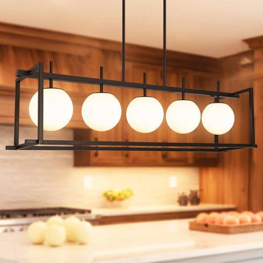 Dsmjfu Black Farmhouse Rectangular Chandelier For Dining Room  5-Light Linear Pendant Lighting  Rectangular Kitchen Island Light With Milky White Glass Ball Shades  Adjustable Height Hanging Lighting