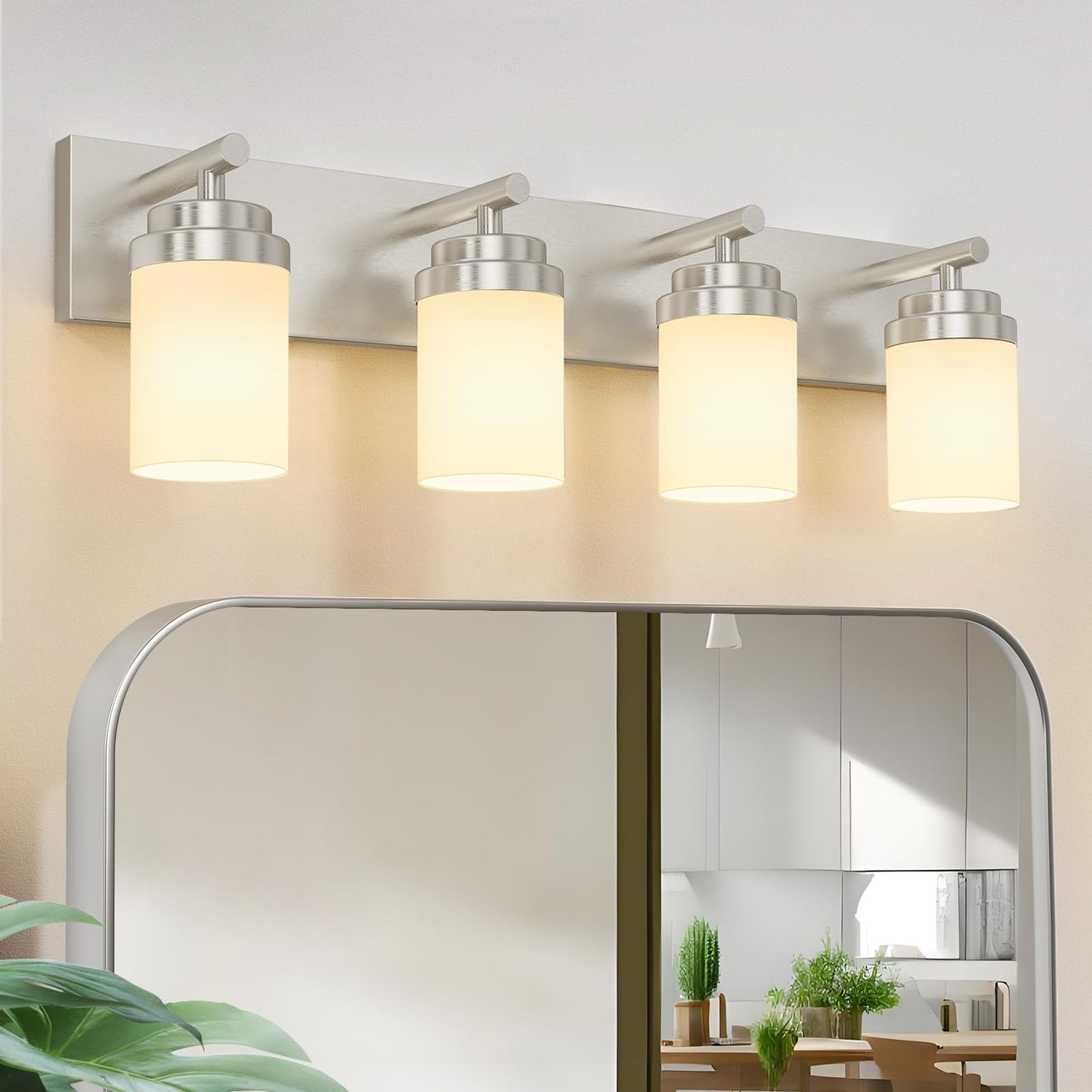 Izorro Bathroom Vanity Light Fixture  4-Light 27.5 Inch Brushed Nickel Bathroom Light Fixtures Over Mirror  With White Glass Shade  Modern Farmhouse Vanity Lights  Rustic Restroom Lighting Fixtures