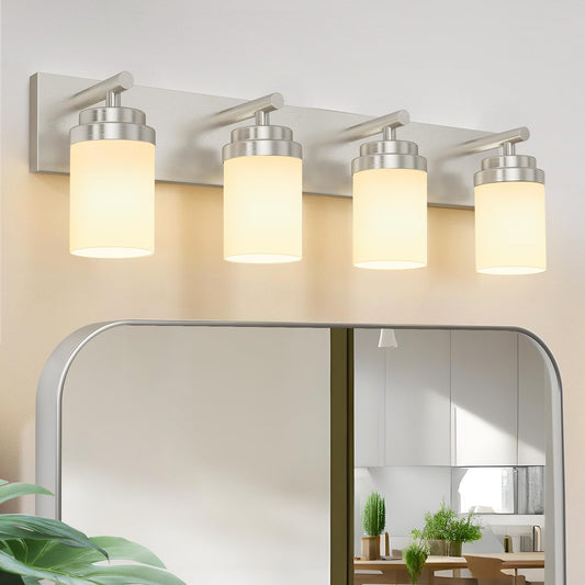 Izorro Bathroom Vanity Light Fixture  4-Light 27.5 Inch Brushed Nickel Bathroom Light Fixtures Over Mirror  With White Glass Shade  Modern Farmhouse Vanity Lights  Rustic Restroom Lighting Fixtures