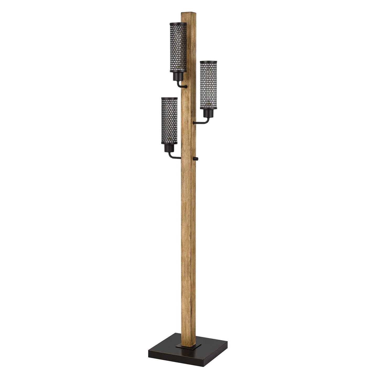 Benzara Wooden Floor Lamp with 3 Metal Mesh Shades, 61x11x23.54 inches, Brown and Black, Model BM241796
