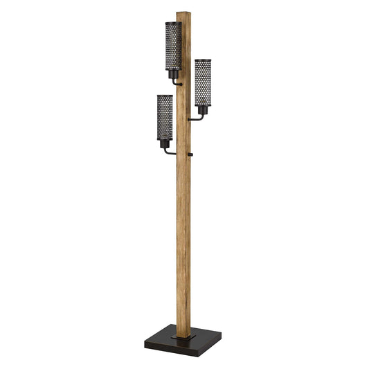 Benzara Wooden Floor Lamp with 3 Metal Mesh Shades, 61x11x23.54 inches, Brown and Black, Model BM241796