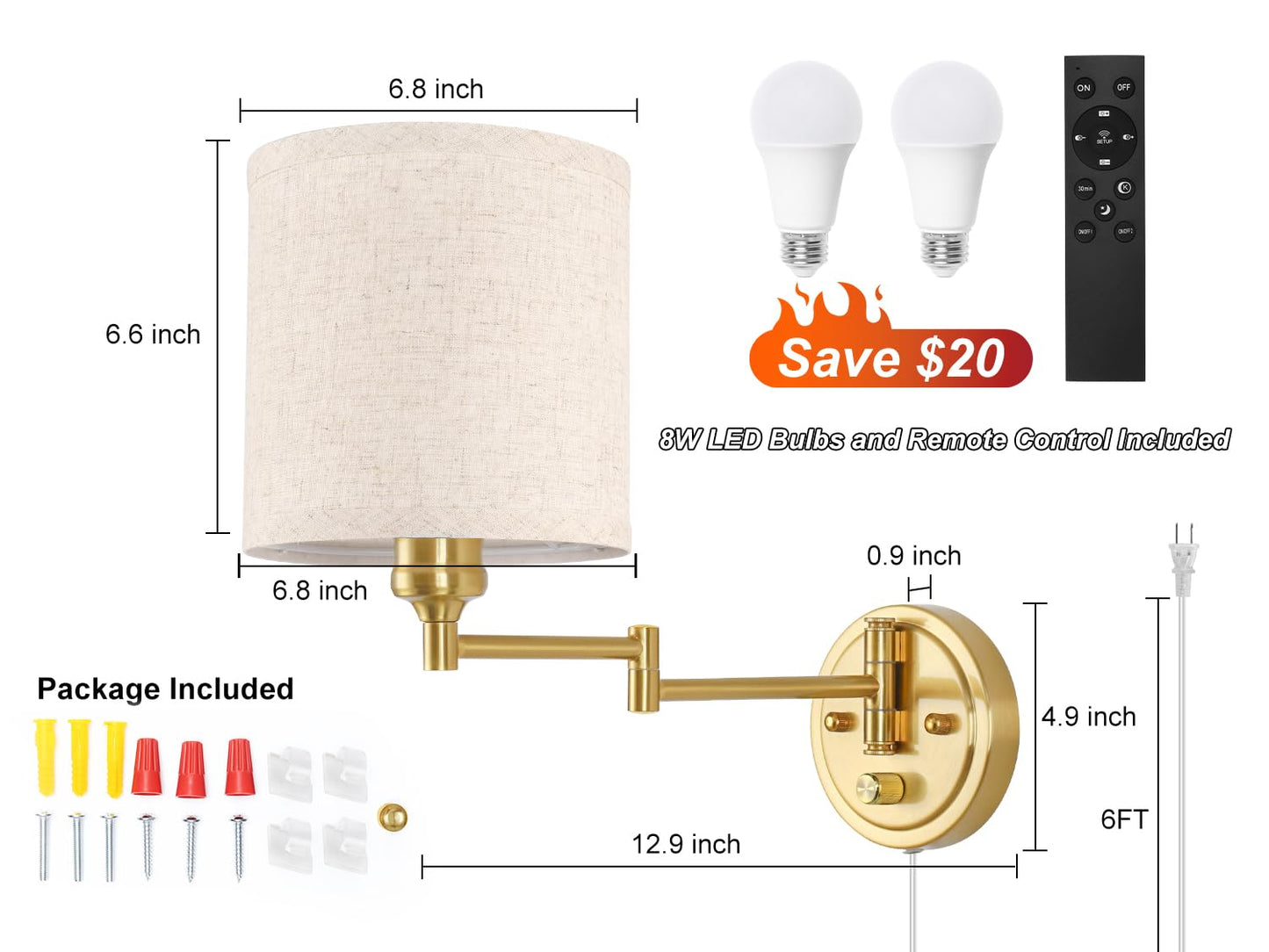 Goodate Plug In Wall Sconces With Remote Control  Dimming & Adjustable Colors 2700K-6500K  Hardwire Or Plug-In  Swing Arm Wall Lamp With Linen Fabric Shade  Wall Sconces Set Of Two  Gold Finish
