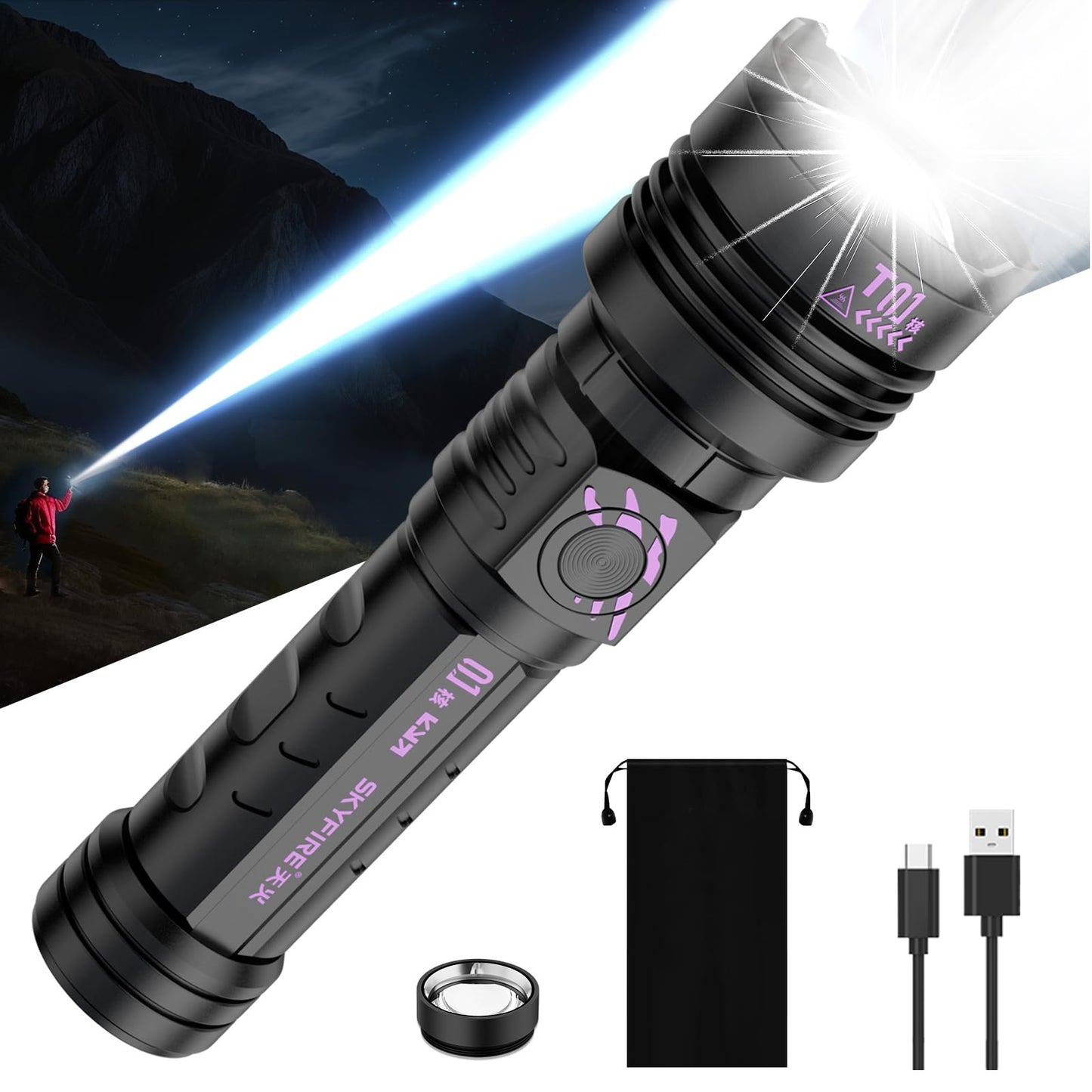 Skyfire Rechargeable Flashlights High Lumens: Led Super Bright Flashlight Zoomable With 5 Modes Ipx6 Waterproof Handheld Powerful Flash Light For Camping  Emergency  Holiday Gift (With Ignition Lens)