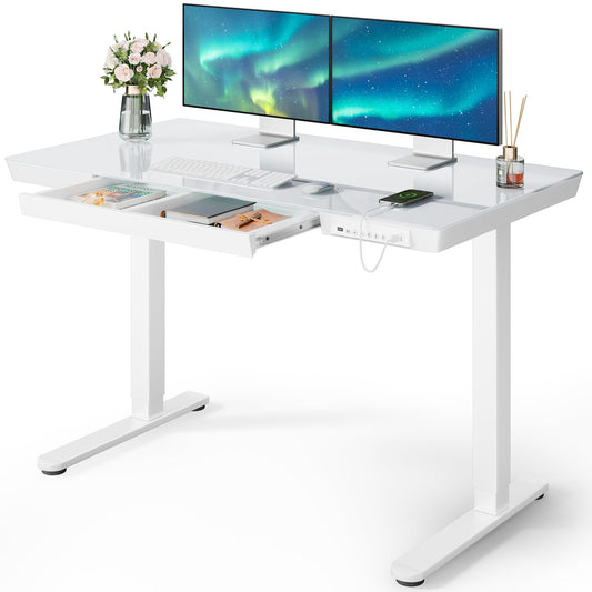 Marsail Glass Standing Desk with Drawers, 48 x 24 inch Electric Standing Desk, Height Adjustable Desk with One-Piece Tabletop & USB Charging Ports, Sit Stand Desk with Storage for Home & Office White
