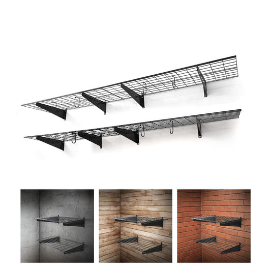 Fencer Wire 96 in. W x 18 in. D Wall Mounted Garage Wall Shelving w/ 4 Hooks, Black Wall Shelf, Heavy Duty Garage Wall Storage System, Garage Organizer Floating Shelves, 1000lb Weight Capacity