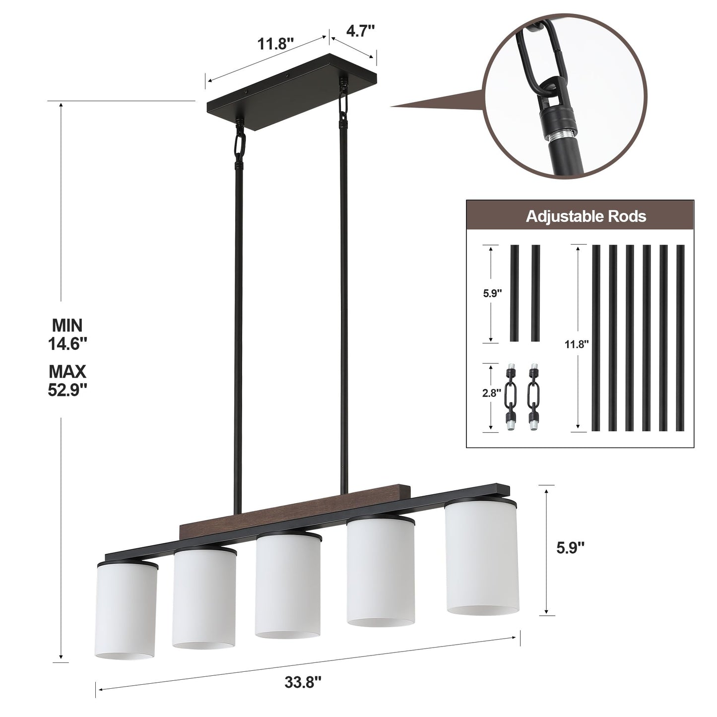 Mecgirn Farmhouse Dining Room Light Fixtures Over Table  Black Pendant Lights For Kitchen Island With Milk Glass Shade  5 Light Linear Chandelier Lighting With Wood