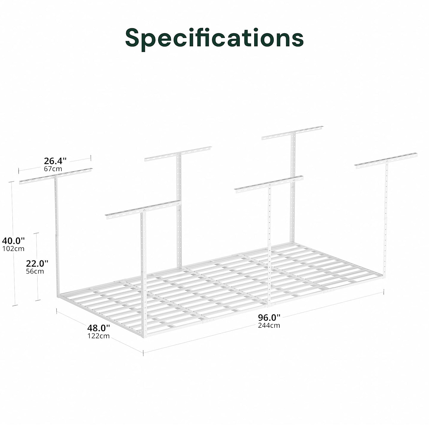 SunsGrove 4x8 Overhead Garage Storage Rack Organization, Adjustable Ceiling Mounted Storage Racks, 800LBS Weight Capacity, 22"-40" Ceiling Dropdown, White
