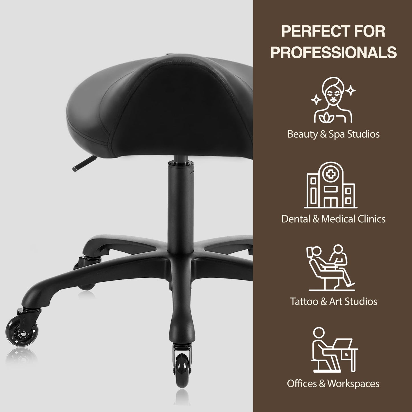 DR.LOMILOMI Heavy-Duty Ergonomic Pneumatic Swivel Rolling Saddle Stool with Extra Wide Seat for Hygienic Clinic Spa Massage Home and Office - 505 KIMO (Black)