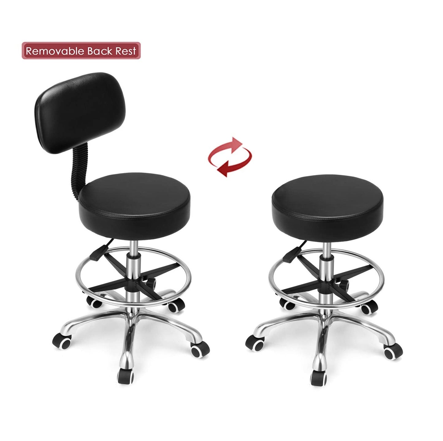 Kaleurrier Rolling Swivel Adjustable Heavy Duty Drafting Stool Chair for Salon Medical Kitchen Lab Clinic Dental Office and Home uses,with Wheels and Back Support (Black with Footrest)