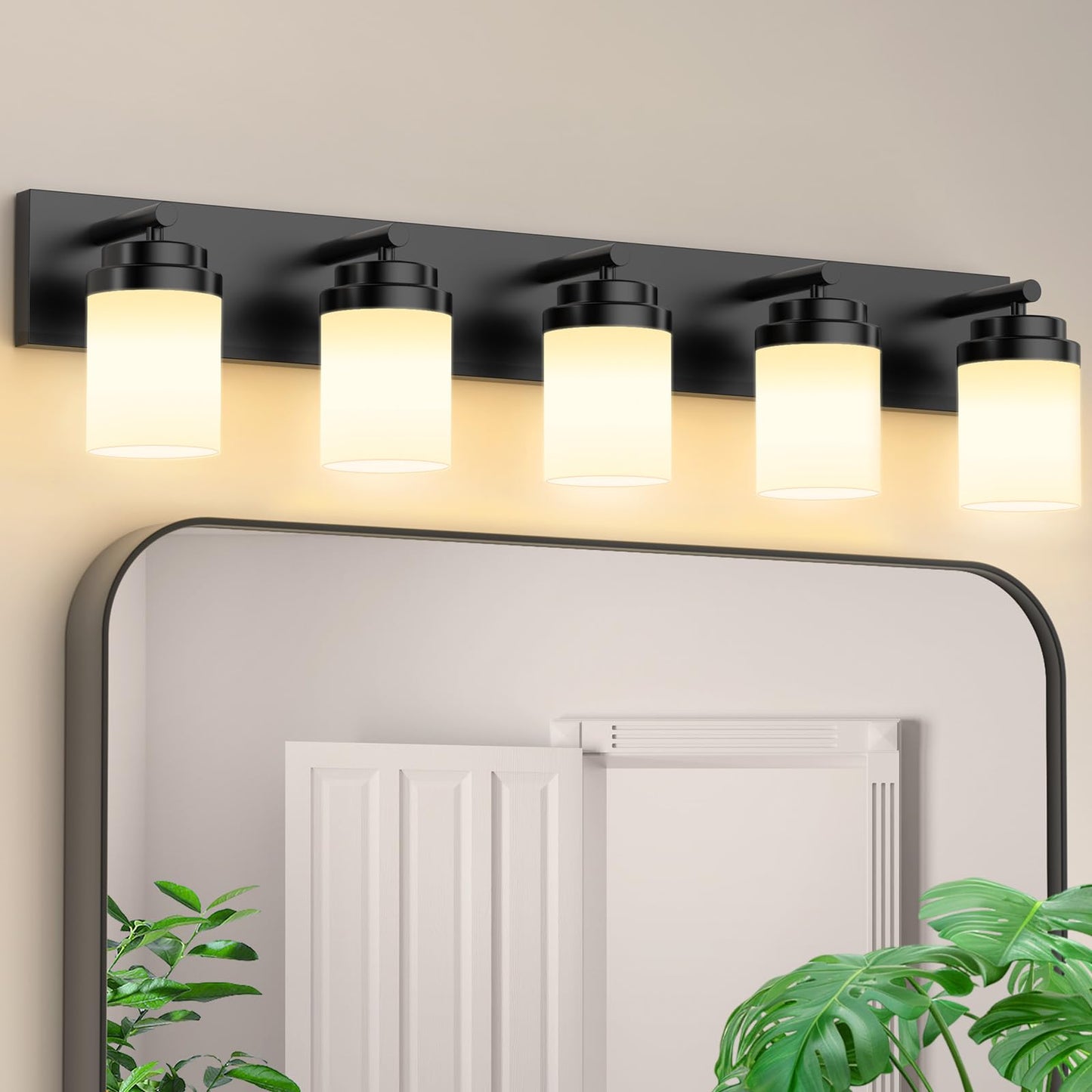 Izorro Bathroom Vanity Light Fixture  5-Light 36 Inch Matte Black Bathroom Light Fixtures Over Mirror  With White Glass Shade  Modern Farmhouse Vanity Lights  Rustic Restroom Lighting Fixtures