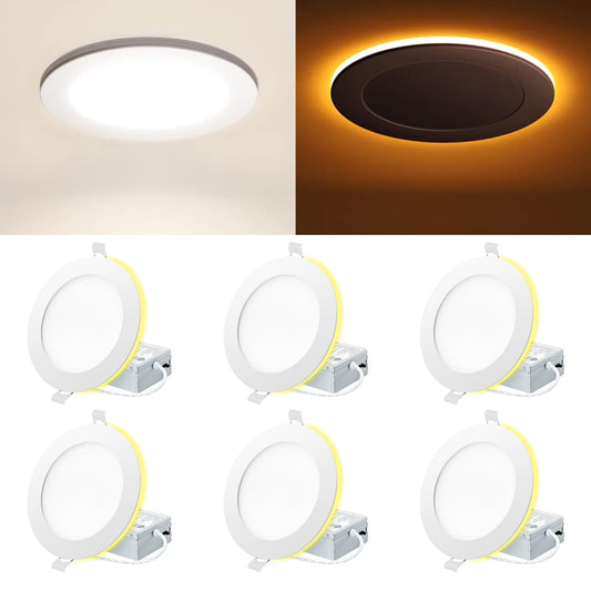 Eosmile 4 Inch White Led Recessed Lighting With Night Light 6 Pack Canless Wafer Ceiling Light  2700K-5000K Selectable  9W  120V  750Lm  Dimmable  Etl Fcc