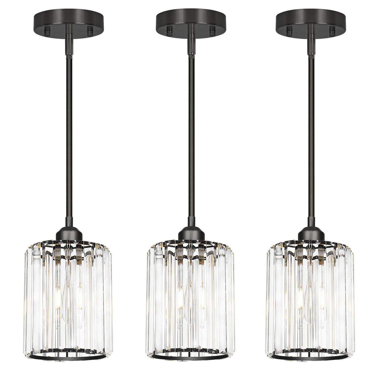 Lxybcce Black Kitchen Pendant Lights Over Island With Adjustable Rods - Crystal Pendant Lighting Fixtures 3 Pack  Ideal Over Dining Table Or Bar  E26 Bulb Compatible  No Electrician Needed