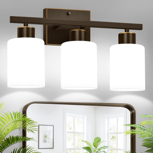 3-Light Bathroom Light Fixtures  Brown And Gold Vanity Light With Milky White Frosted Glass Shades  Modern Vanity Lighting Fixtures For Bathroom  Mirror  Bedroom  Hallway  Living Room