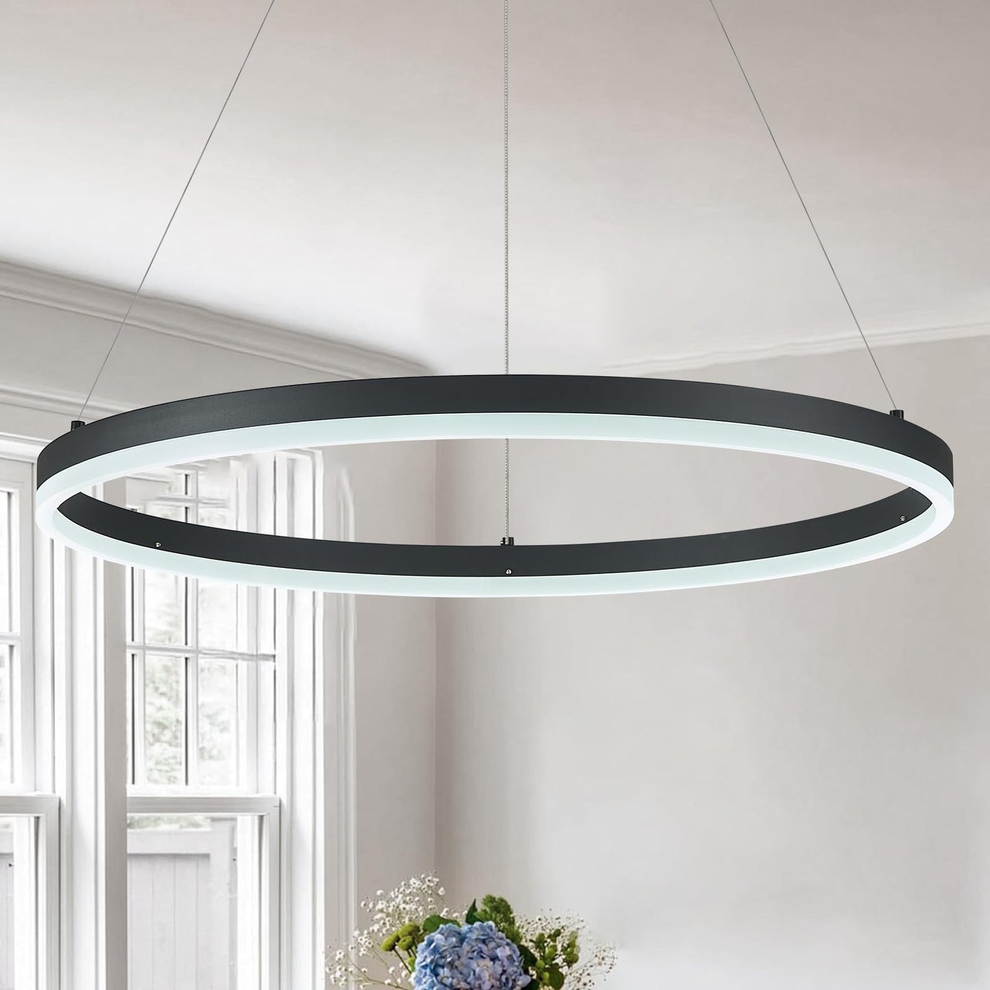 Sparklelf Modern Led Pendant Lighting 24 Ring Chandelier Black Dimmable Led Chandelier For Dining Room 36W Adjustable Pendant Light Fixture For Living Room Bedroom Home Office Foyer  3000-6500K