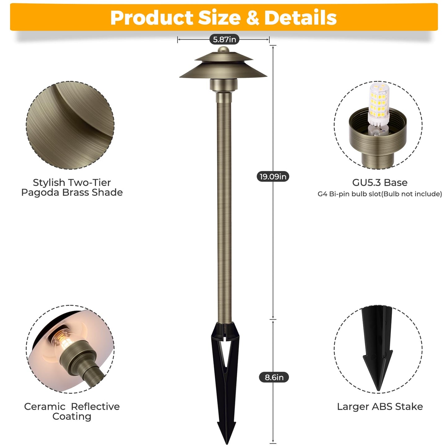 Gardencoin Solid Brass Low Voltage Landscape Pathway Lights (6 Shade  19 Tall)  12V Led Heavy Duty Path Lighting Outdoor Wired  Waterproof Antique Bronze Walkway Light Without G4 Bulb 12 Pack