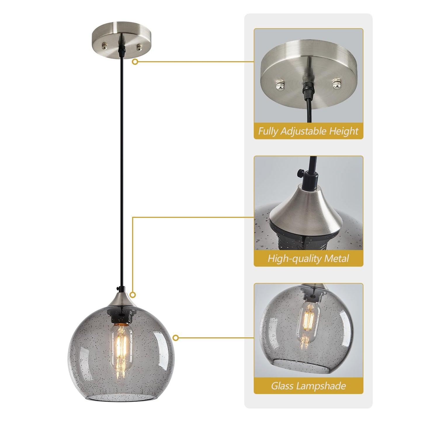 Lbsqj Light Grey Glass Pendant Lights Kitchen Island Lighting Globe Pendant Light Fixtures Modern Pendant Lighting For Bedroom Living Dining Room Light Fixture (7.87 In  1 Pack)