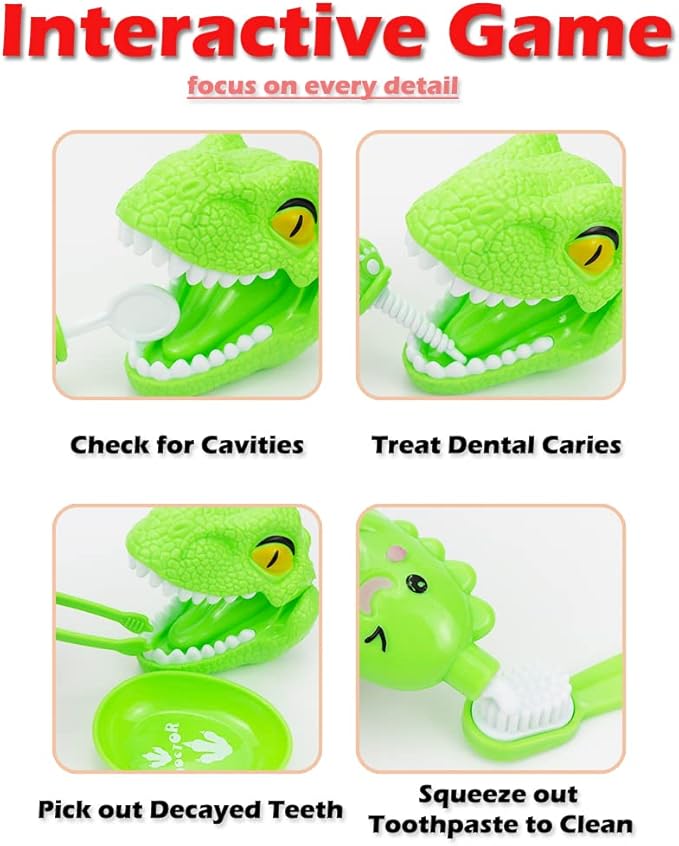 10PCS Plastic Dinosaur Simulation Dentist Play Set Animation Medical Kit Pretend Toy for Kids Hygienic Habbit Cultivation Role Play Game for Children 5 Models 4 Colors OPP Bag Packaging (Purple)
