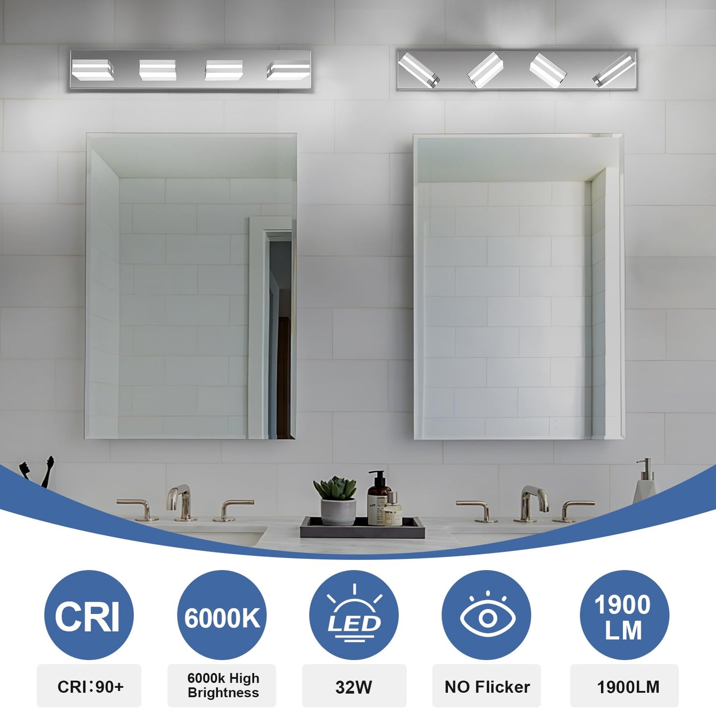 Jzekvn Modern Led Bathroom Lights Fixtures(4-Light) Stainless Steel Chrome Acrylic Wall Lighting Vanity Lights For Bathroom Over Mirror(6000K 27In