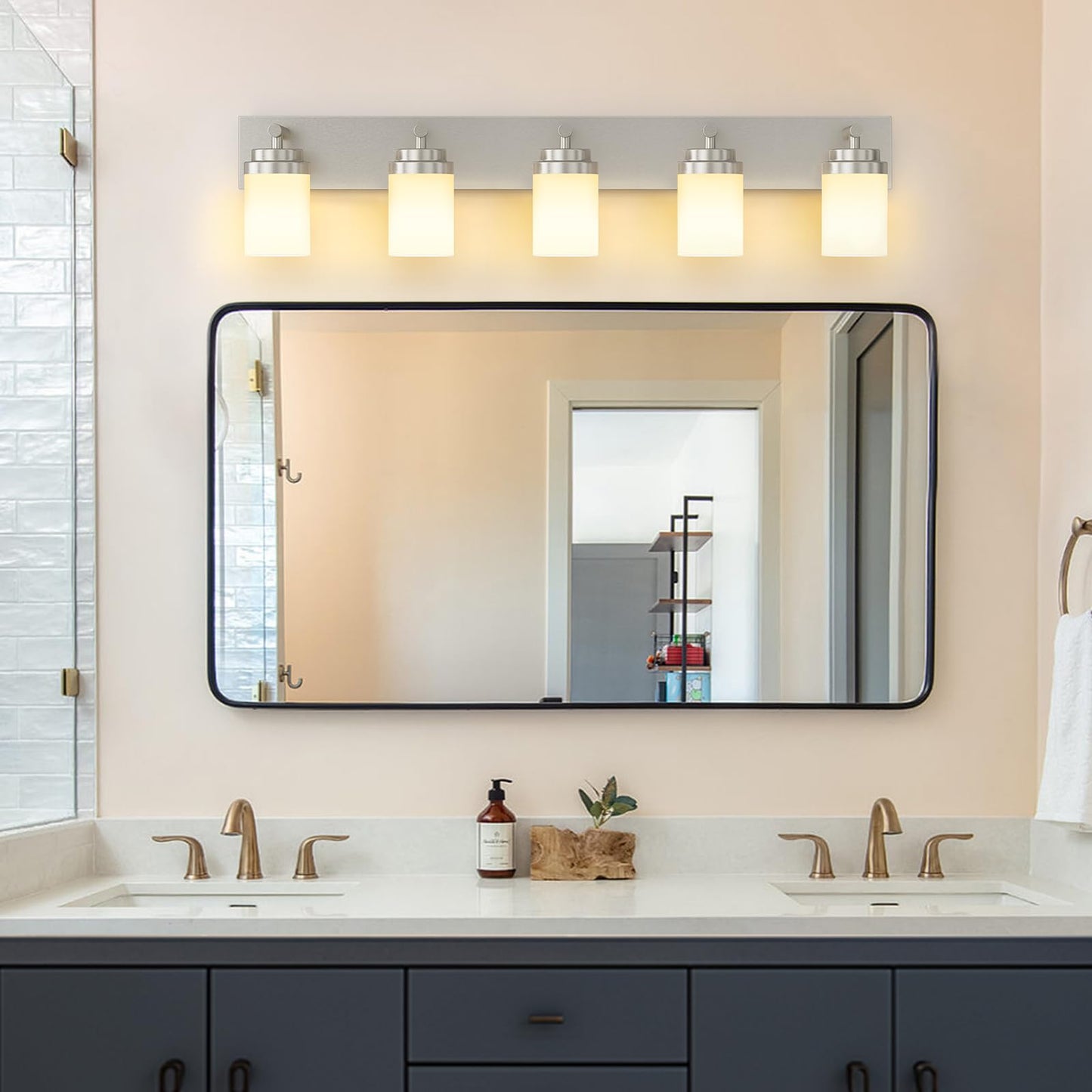 Izorro Bathroom Vanity Light Fixture  5-Light 36 Inch Brushed Nickel Bathroom Light Fixtures Over Mirror  With White Glass Shade  Modern Farmhouse Vanity Lights  Rustic Restroom Lighting Fixtures