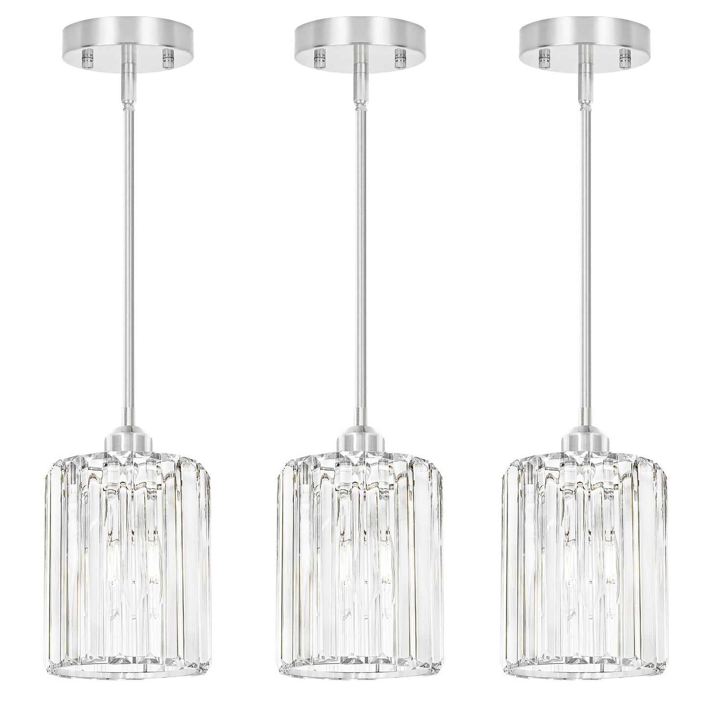 Lxybcce Chrome Kitchen Pendant Lights Over Island With Adjustable Rods - Crystal Pendant Lighting Fixtures 3 Pack  Ideal Over Dining Table Or Bar  E26 Bulb Compatible  No Electrician Needed
