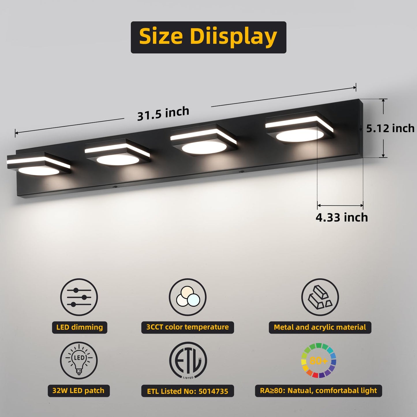 Okeli 4-Light Led Bathroom Vanity Light Fixtures  Matte Black Modern Bathroom Wall Lighting Fixtures Over Mirror (3Cct  3000K-6000K)