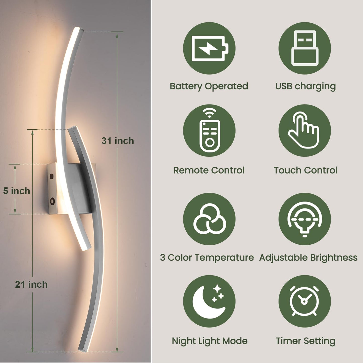 Sovinzert Battery Operated Wall Sconce Set Of 2 Brushed Nickel Wall Sconces With Remote Control 3000K-6000K Modern Led Wireless Wall Light For Living Room  Hallway  Bedroom  39.3 Inch (2 Pack)