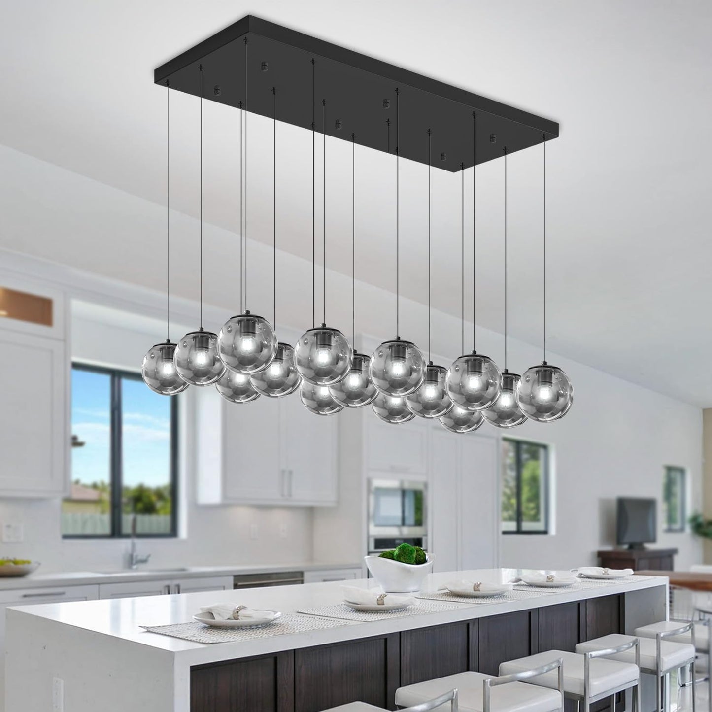 Ykolupty Rectangular Chandelier Smoke Gray Chandelier For Dining Room Large Chandeliers For High Ceiling 16-Lights Entryway Modern Lighting Fixture Globe Pendant Light For Living Room Foyer Hallway