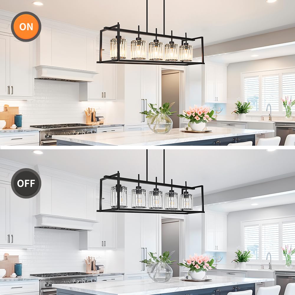 Dsmjfu Black Farmhouse Rectangular Chandelier For Dining Room  5-Light Linear Pendant Lighting  Rectangular Kitchen Island Light With Crystal Shades  Adjustable Height Rectangle Hanging Lighting
