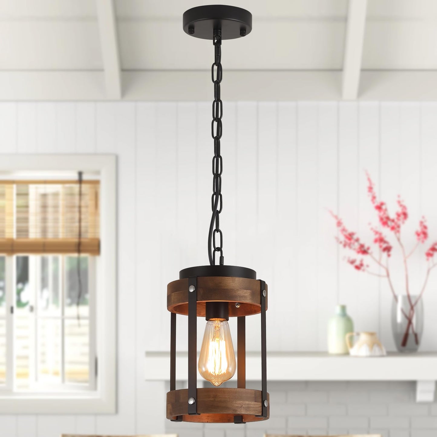 Rustic Farmhouse Wood Pendant Light Fixture One-Light Adjustable Chain Oak Wood And Metal Lantern Drum Small Pendant Lighting For Kitchen Island Sink Hallway Farmhouse Bathroom Bar  Black