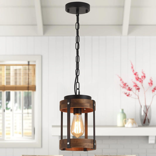 Rustic Farmhouse Wood Pendant Light Fixture One-Light Adjustable Chain Oak Wood And Metal Lantern Drum Small Pendant Lighting For Kitchen Island Sink Hallway Farmhouse Bathroom Bar  Black