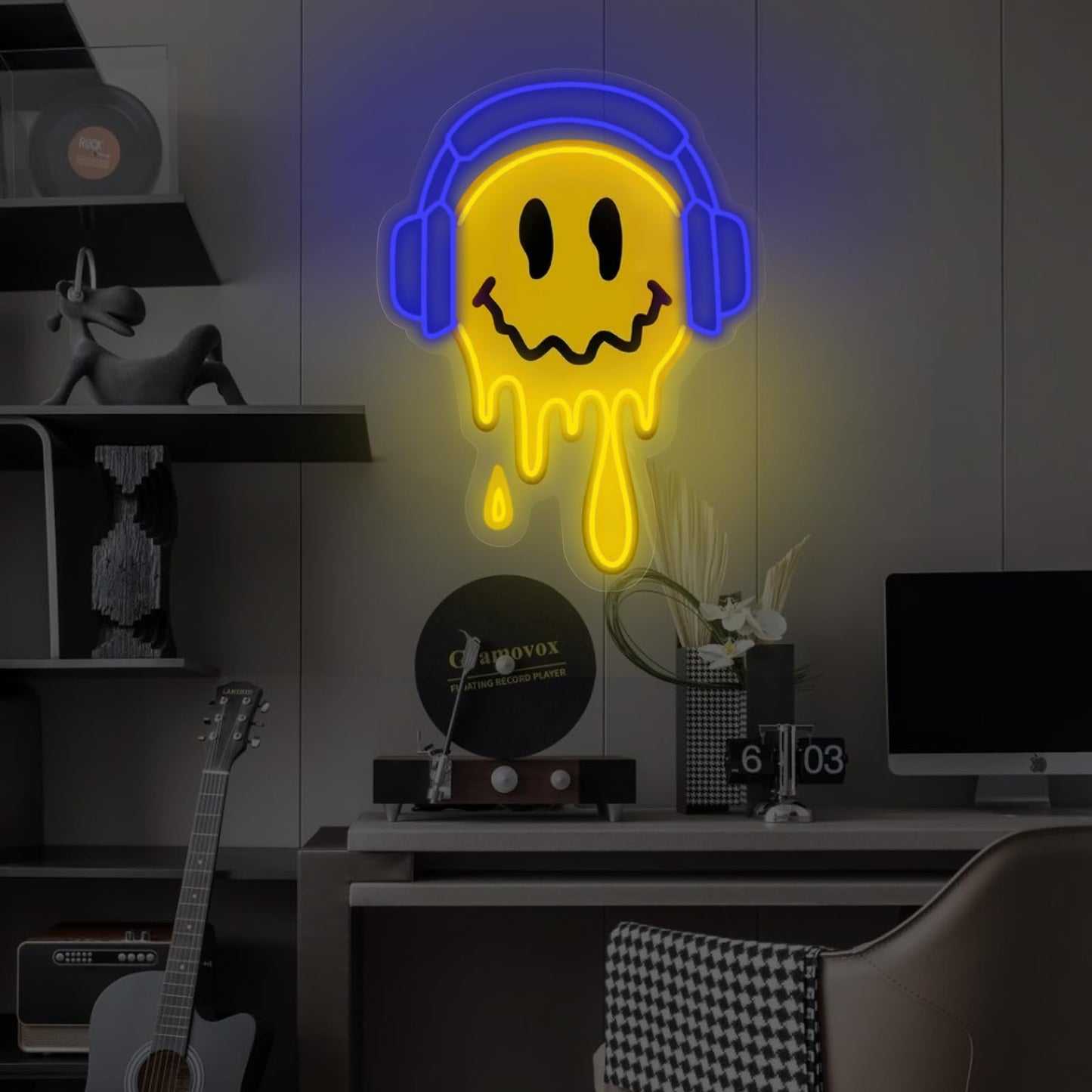 Melting Smile Face With Headphone Neon Sign For Wall Decor Neon Smile Light Signs For Kids Room Bar Party Bedroom Decor Lamp Personalized Gifts Kids Room  Wedding Decoration  Holiday Gift-Blue