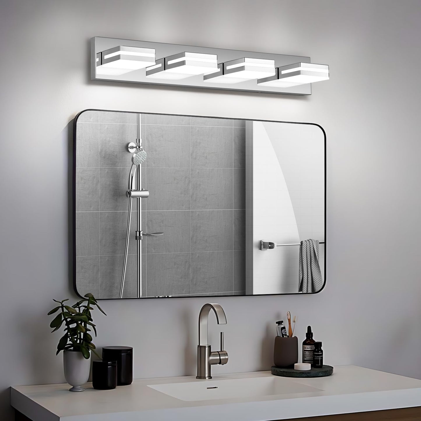 Jzekvn Modern Led Bathroom Lights Fixtures(4-Light) Stainless Steel Chrome Acrylic Wall Lighting Vanity Lights For Bathroom Over Mirror(6000K 27In