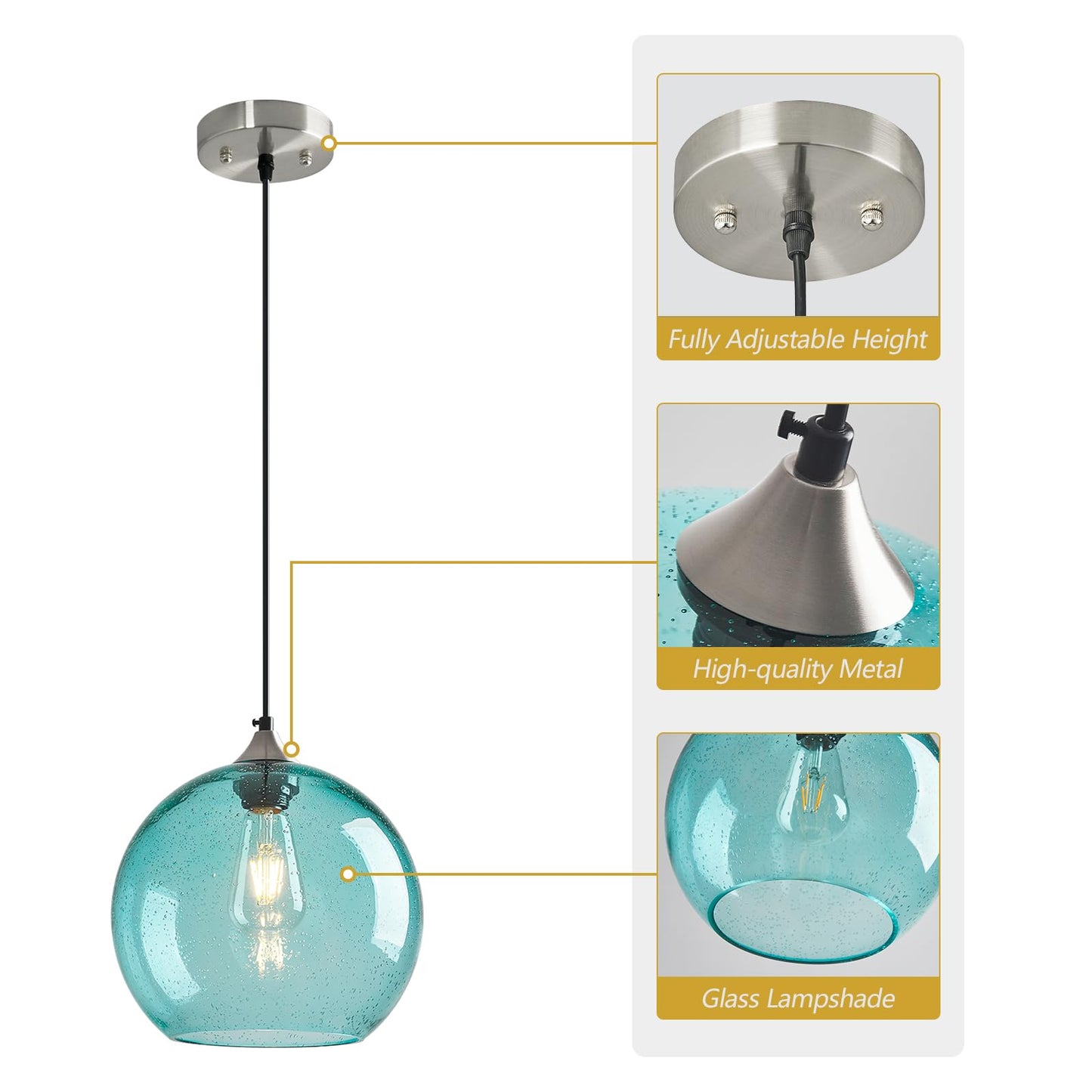 Lbsqj Light Blue Glass Pendant Lights Kitchen Island Globe Pendant Light Fixtures Modern Pendant Lighting For Bedroom Living Dining Room Light Fixture (9.84 In  1 Pack)