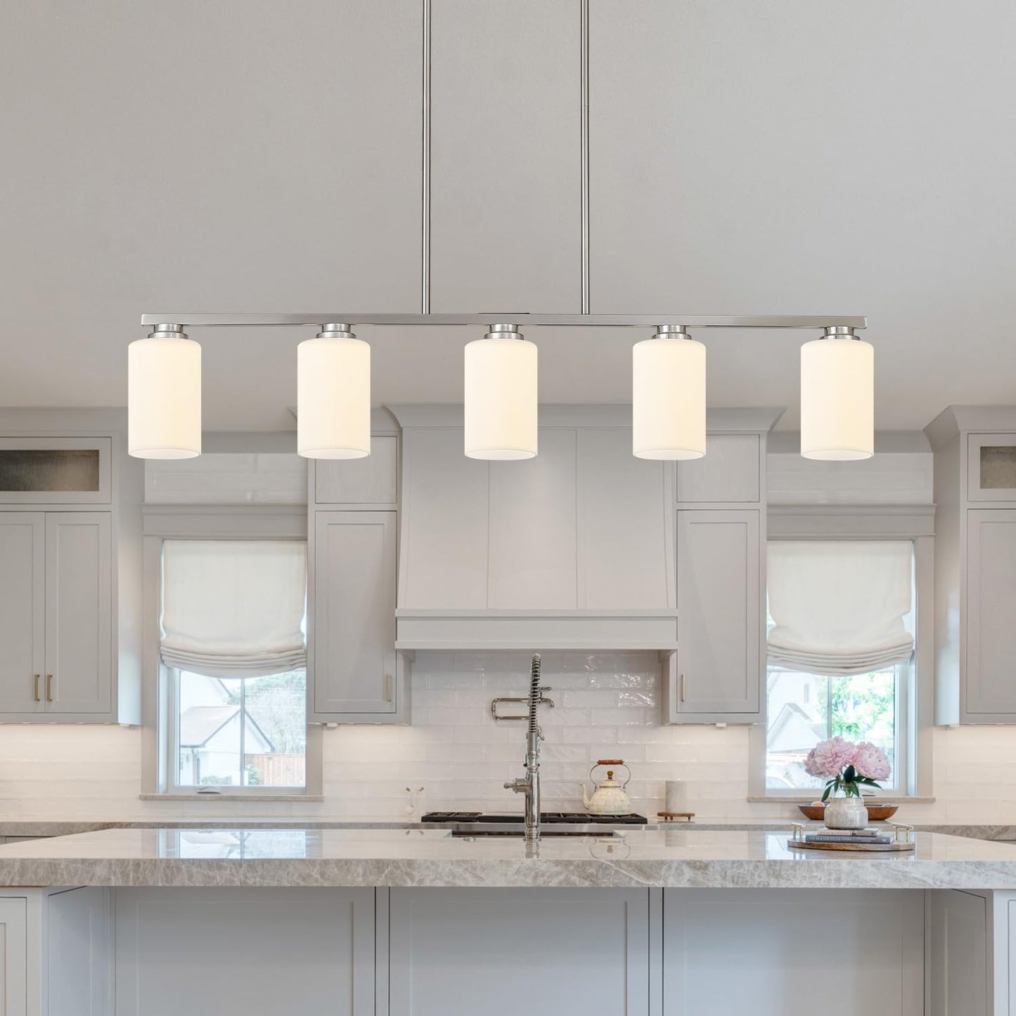 Mecgirn Island Light For Kitchen  Brushed Nickel Dining Room Light Fixture Over Table With Milk Glass Shade  5-Light Linear Chandelier Pendant Lighting For Dining Table Kitchen Island Living Room
