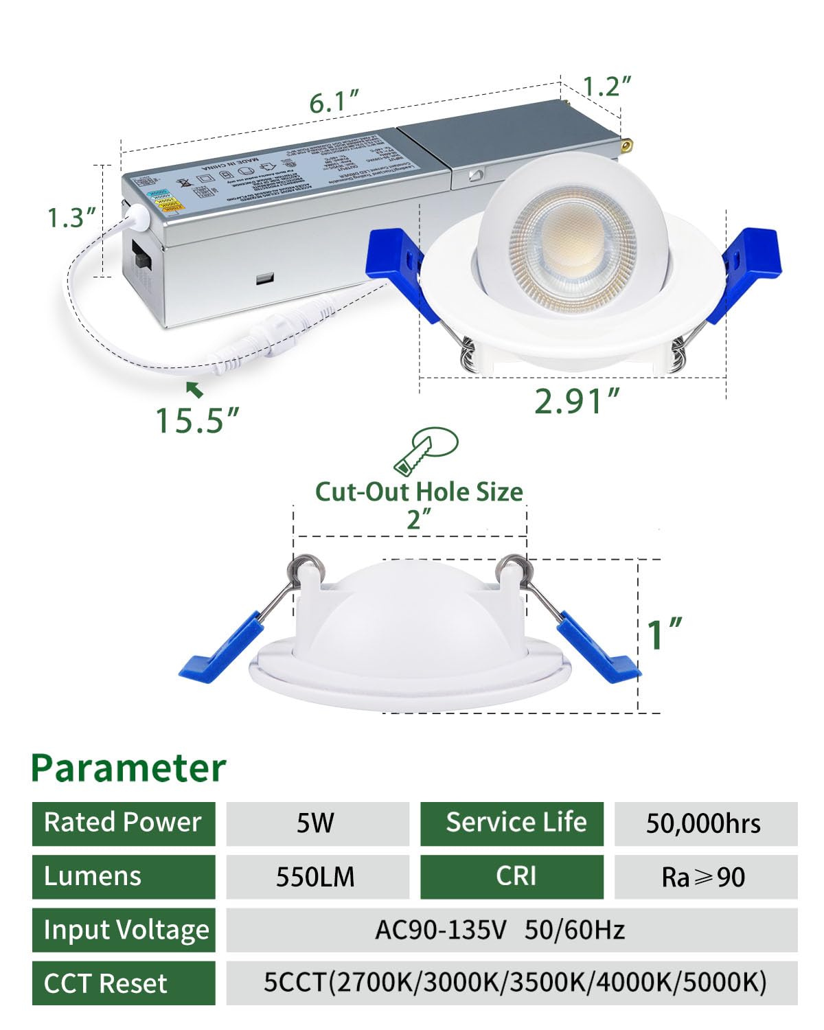 Zouzai 2 Inch 5Cct Gimbal Led Recessed Lighting With Junction Box  360+90 Adjustable Recessed Can Lights  2700K/3000K/3500K/4000K/5000K Selectable  5W Eqv 50W  550Lm Brightness - Etl (White 6 Pack)