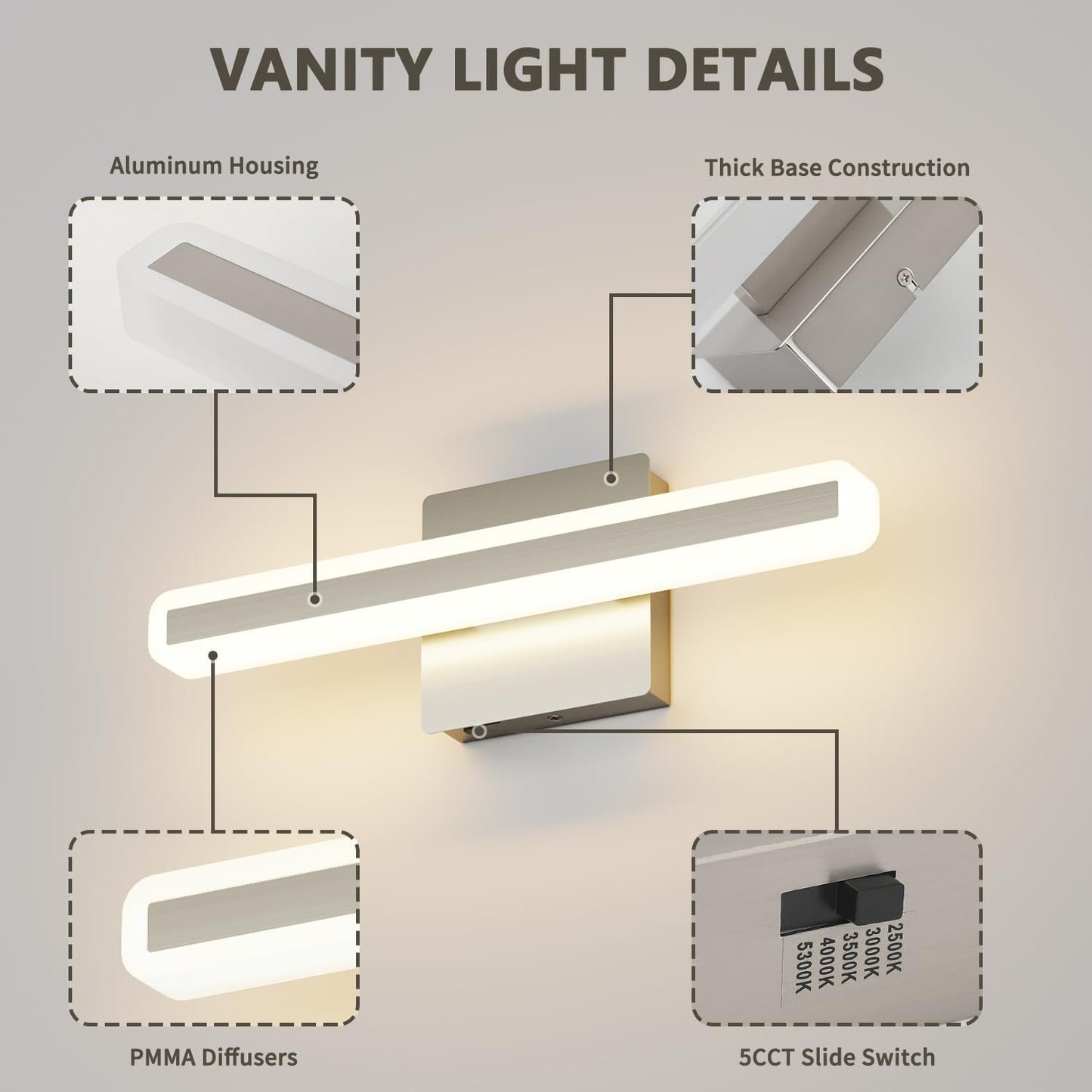 Jusheng Brushed Nickel Vanity Lights For Bathroom  5Cct Dimmable Vanity Light Bar  Modern Led Bathroom Lighting Fixtures Above Mirror 16 Inch 16W