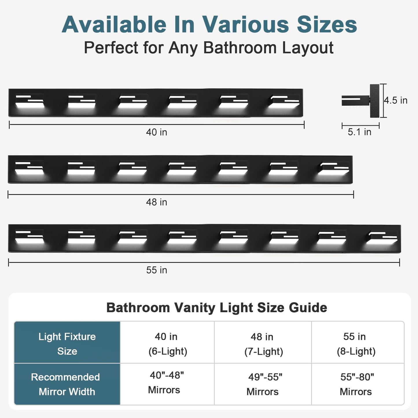 Lkhf Led Modern Bathroom Vanity Light Fixtures  6-Light 40-Inch Dimmable Matte Black Vanity Lights For Bathroom Lighting Fixtures Over Mirror  With 350?Rotatable Acrylic Heads (Cool White 6000K)