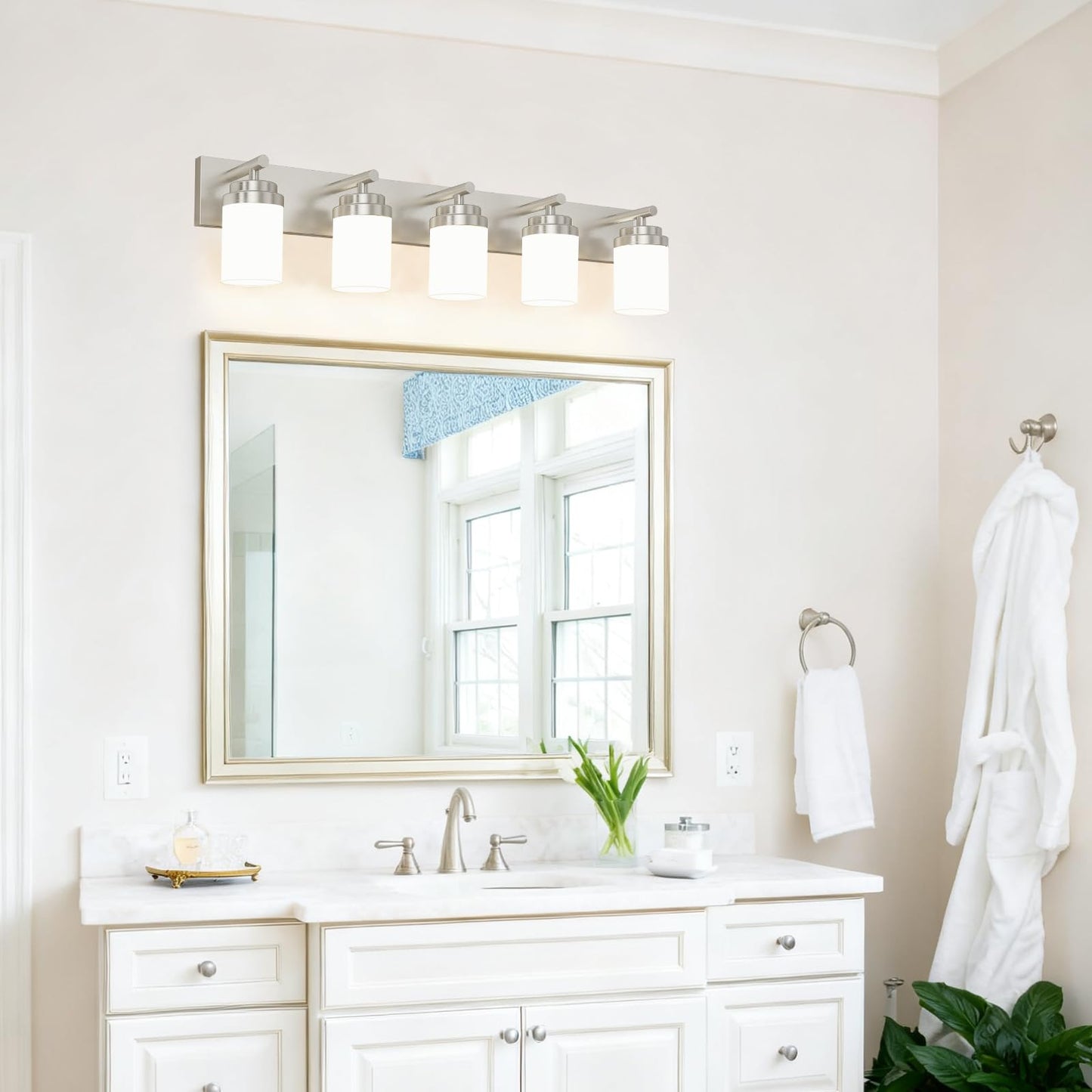 Izorro Bathroom Vanity Light Fixture  5-Light 36 Inch Brushed Nickel Bathroom Light Fixtures Over Mirror  With White Glass Shade  Modern Farmhouse Vanity Lights  Rustic Restroom Lighting Fixtures