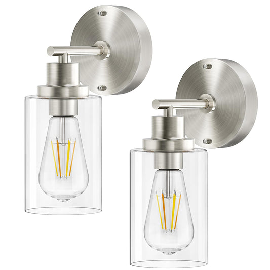 Buthy Bathroom Wall Sconces Set Of Two: Brushed Nickel Vanity Light Fixtures With E26 Base Led Cordless Indoor Wall Mount Lamp For Mirror Bedroom Hallway Stairway Modern Decor Lighting