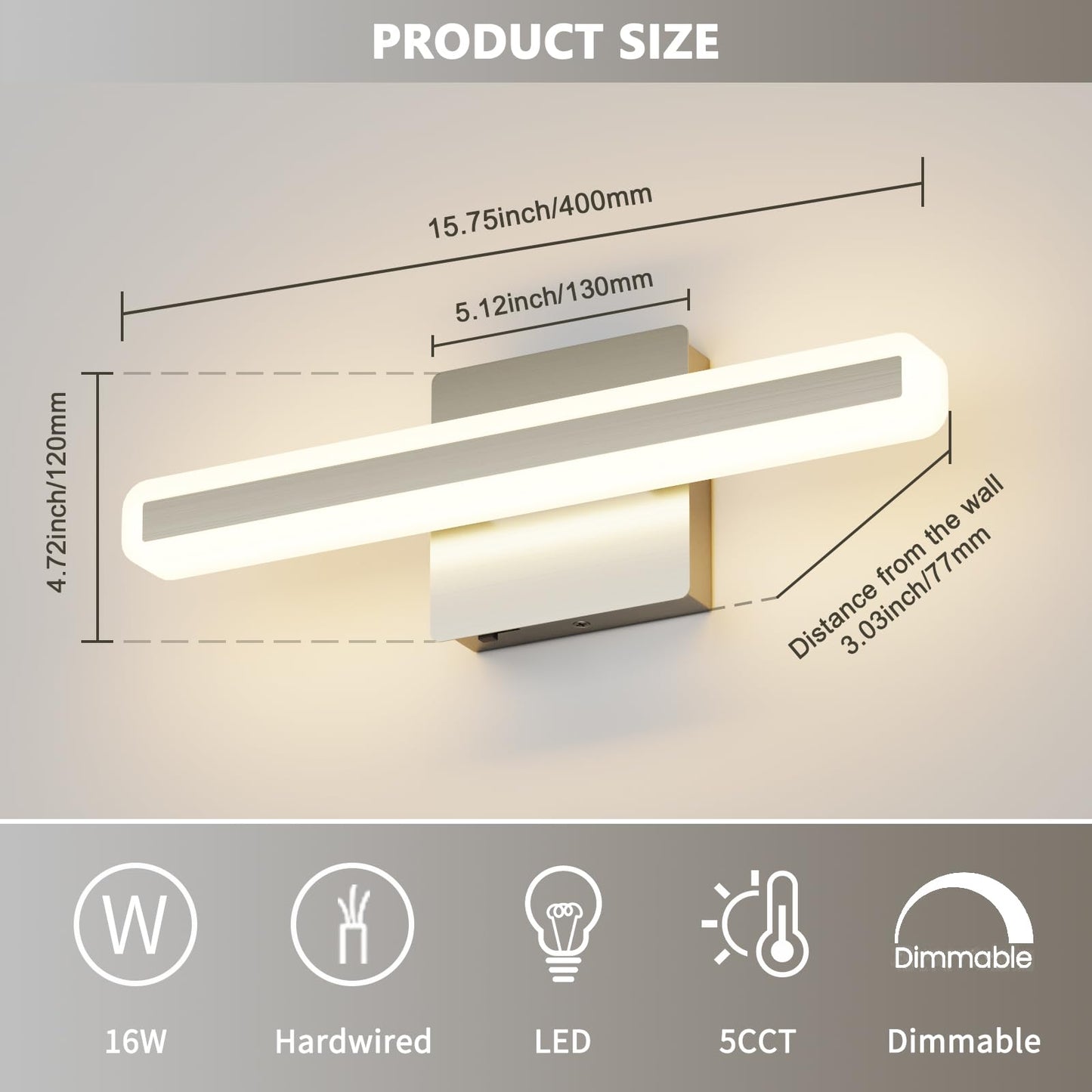 Jusheng Brushed Nickel Vanity Lights For Bathroom  5Cct Dimmable Vanity Light Bar  Modern Led Bathroom Lighting Fixtures Above Mirror 16 Inch 16W