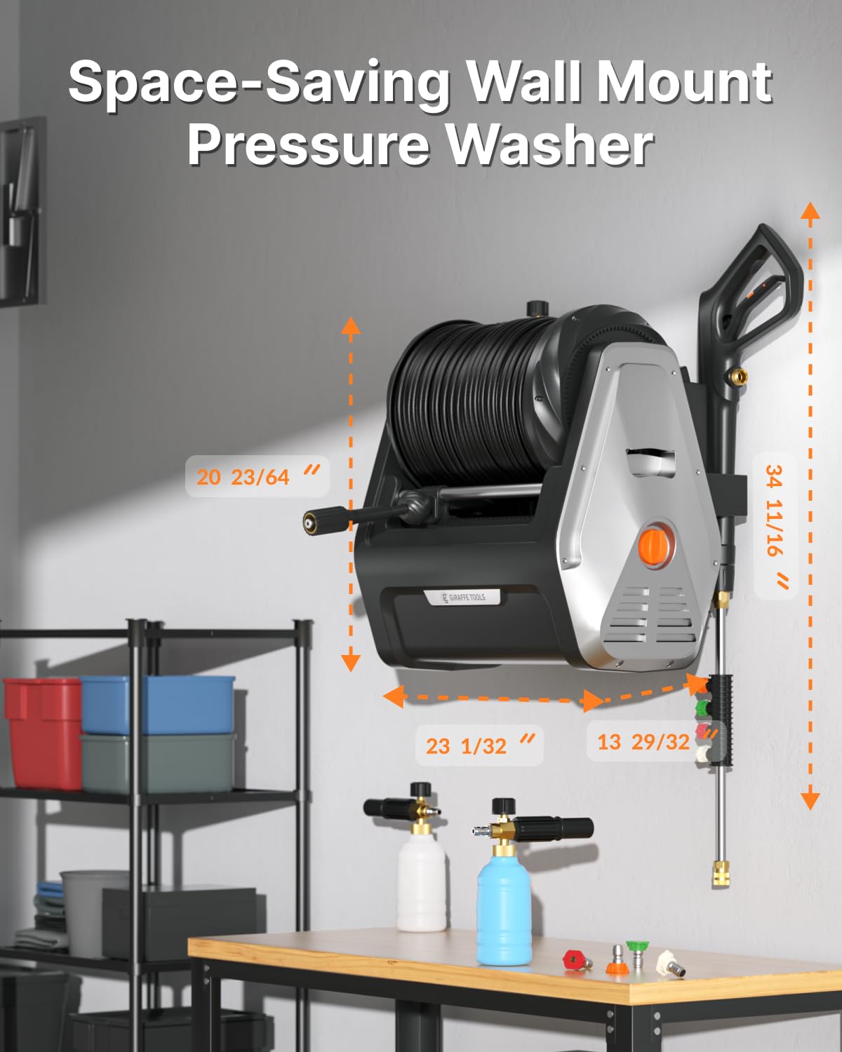 Giraffe Tools Wall Mounted Pressure Washer Essential with Upgraded 1800W Motor, 2900 PSI, 2.2 GPM Electric Power Washer, Automatic Rewind, 100ft Pressure Hoses, 5 Nozzles for Floor/Cars/Fences/Patios