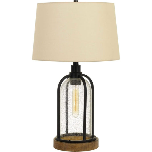 Cal 100W Table Lamp with 25W Night Light, Metal/Pine Wood, Black/Wood, Model BO-2840TB, Edison Bulb Included