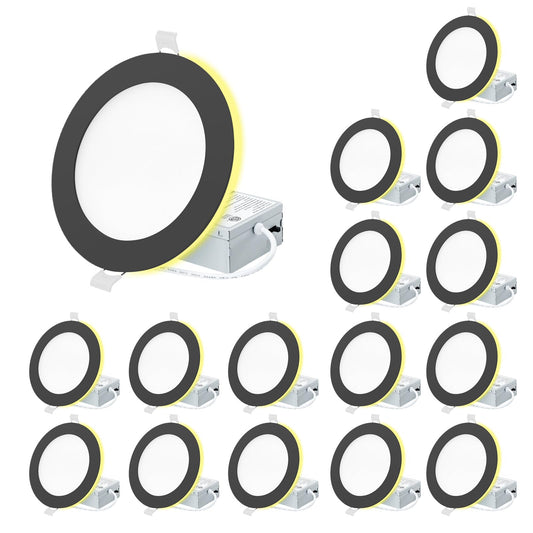 Eosmile 6 Inch Black Recessed Lighting With Night Light 16 Pack Canless Wafer  12W  120V  1100Lm  2700K-5000K Selectable  Dimmable  Etl Fcc