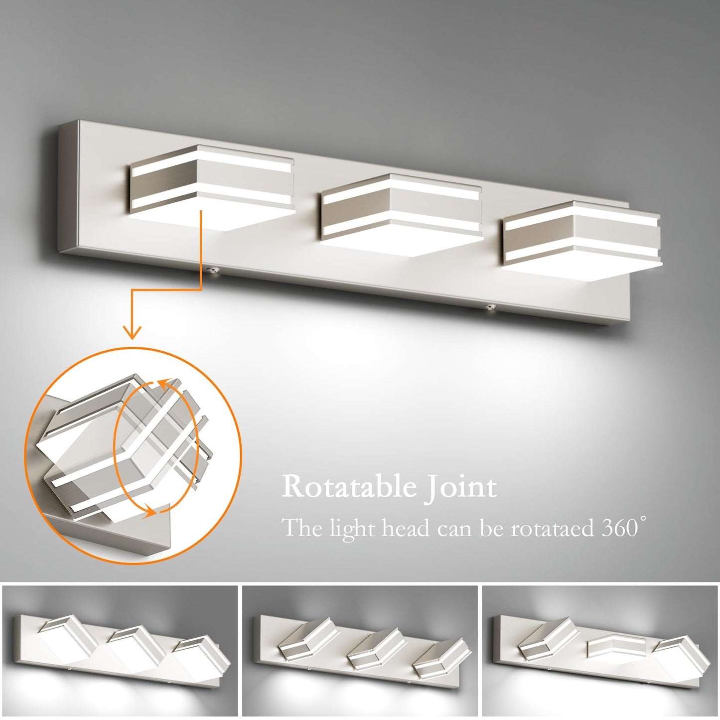 Ralbay 24Inch Brushed Nickel Bathroom Vanity Lights 3-Light Metal Acrylic Led Modern Bathroom Wall Lighting Fixtures