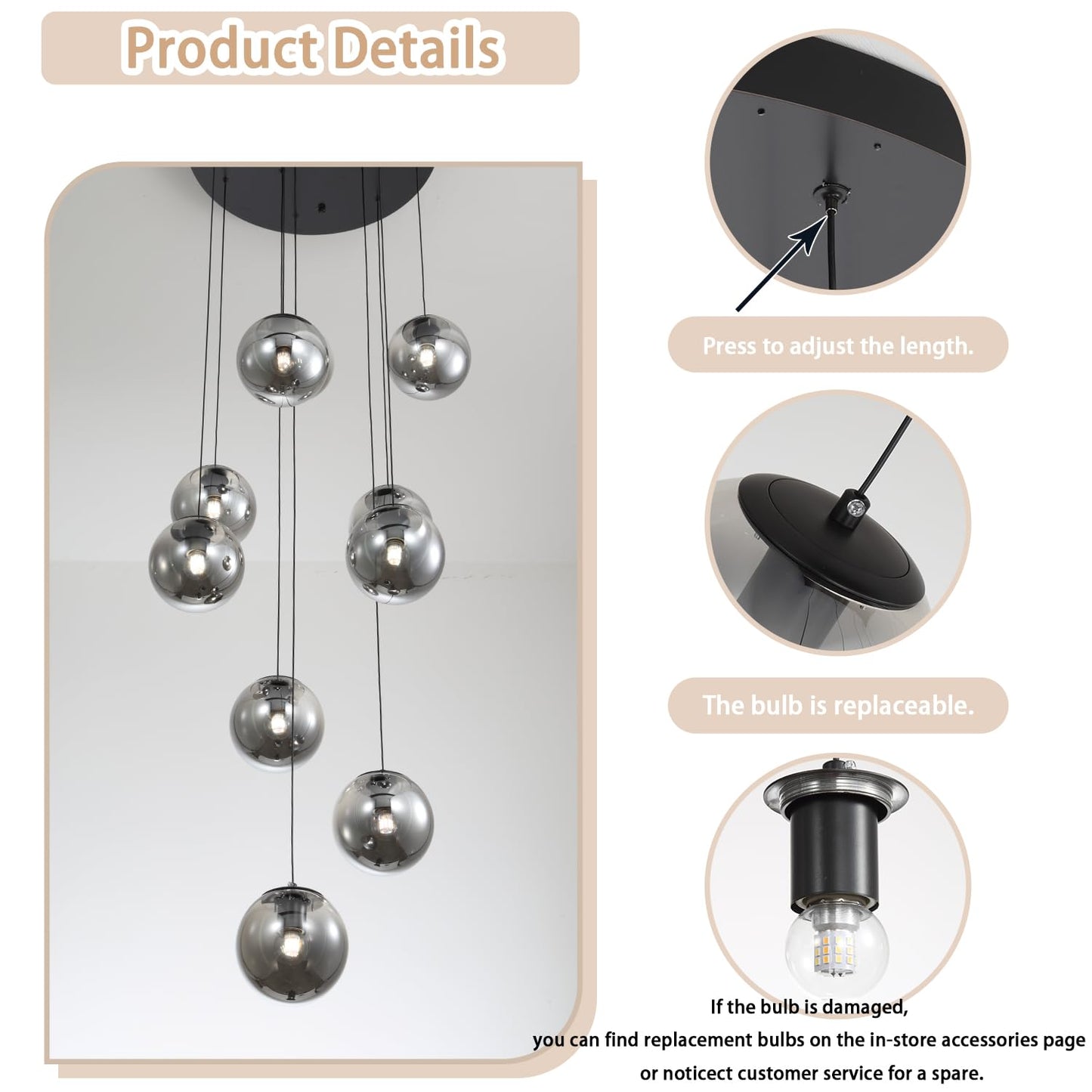Ykolupty 3-Light Black Pendant Light Fixtures Modern Smoke Gray Glass Globe Pendant Lights Kitchen Island Adjustable Hanging Lights Globe Stairwell Lighting Black Chandelier For Dining Room