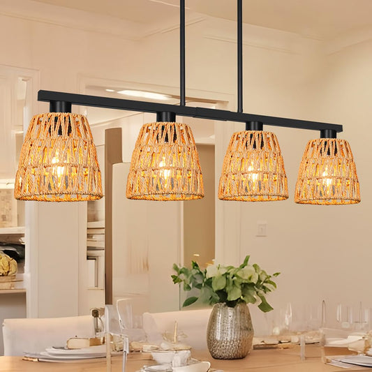 Black 4-Light Kitchen Island Lighting  Boho Rattan Dining Room Light Fixture  Farmhouse Island Light For Kitchen With Shade  Adjustable Linear Chandelier Pendant Lights Kitchen Island Over Bars  Table