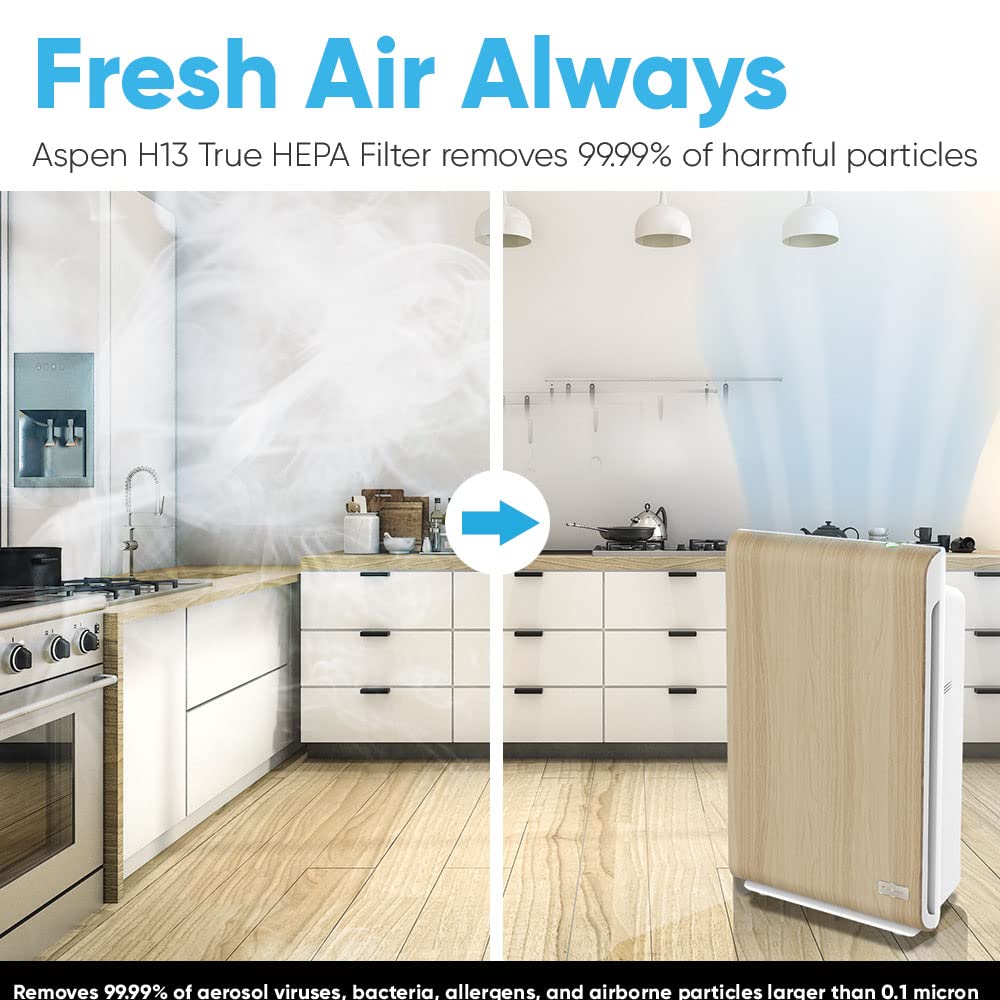 Aspen One Button Air Purifiers for Home, Cleans 1500 SqFt in 50min and 362 SqFt in 12min, HEPA Air Purifier with Automatic and App Control - Filtrate 99.97% of Smoke, Pollen, and more - Gold Oak