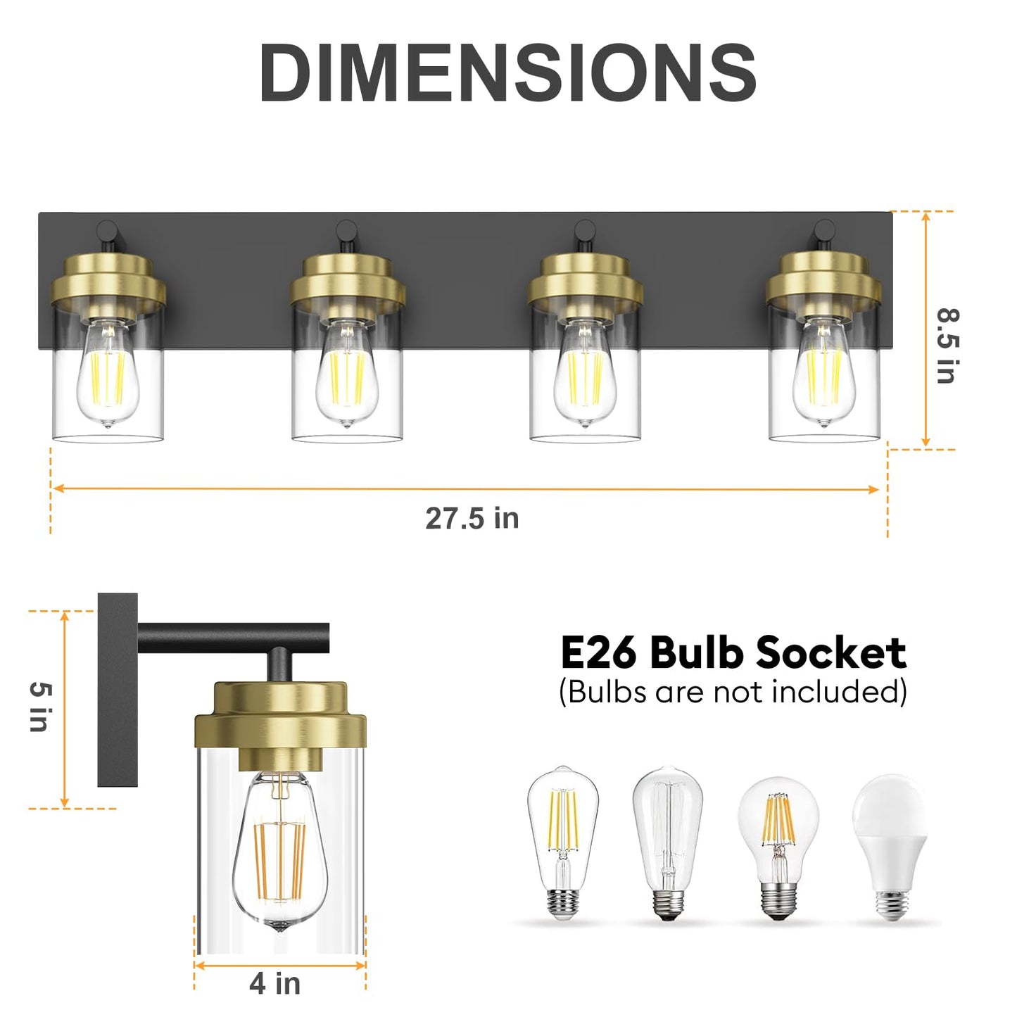 Izorro Bathroom Vanity Light Fixture  4-Light 27.5 Inch Black And Gold Bathroom Light Fixtures Over Mirror  With Clear Glass Shade  Modern Farmhouse Vanity Lights  Rustic Restroom Lighting Fixtures