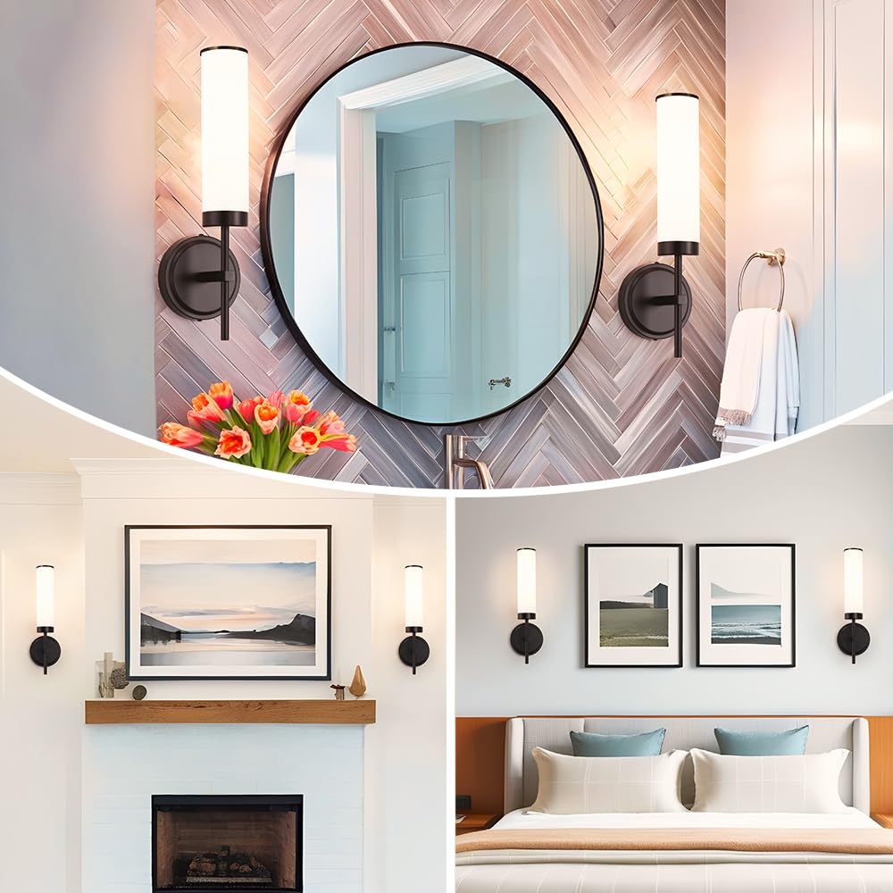 Matte Black Wall Sconces Set Of 2  Modern Bathroom Sconces Wall Lighting With Opal White Glass  Vanity Light Fixtures For Bathroom  Wall Mount Lights For Living Room Bedroom Hallway  Hardwired